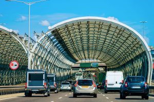 Car traffic in the tunnel at the bridge in Warsaw in Poland